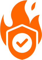 Shield with checkmark and flames icon.